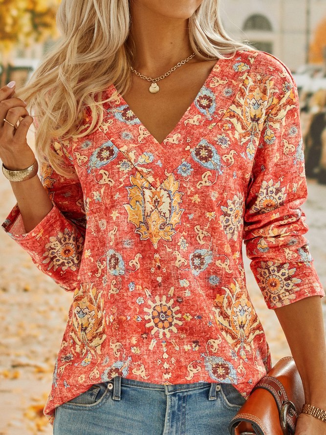 FallStil® - Boho Sommer Blume Rot V-Ausschnitt Top