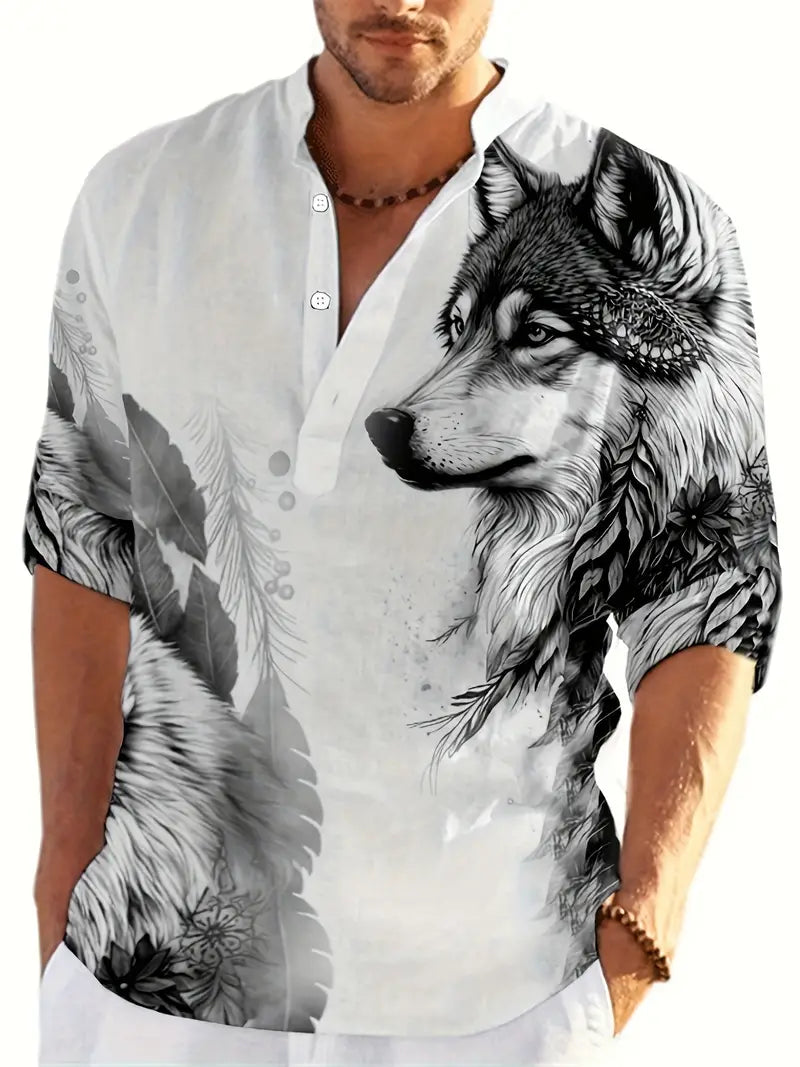 Henley-Shirt mit Stehkragen und Wolf-Print