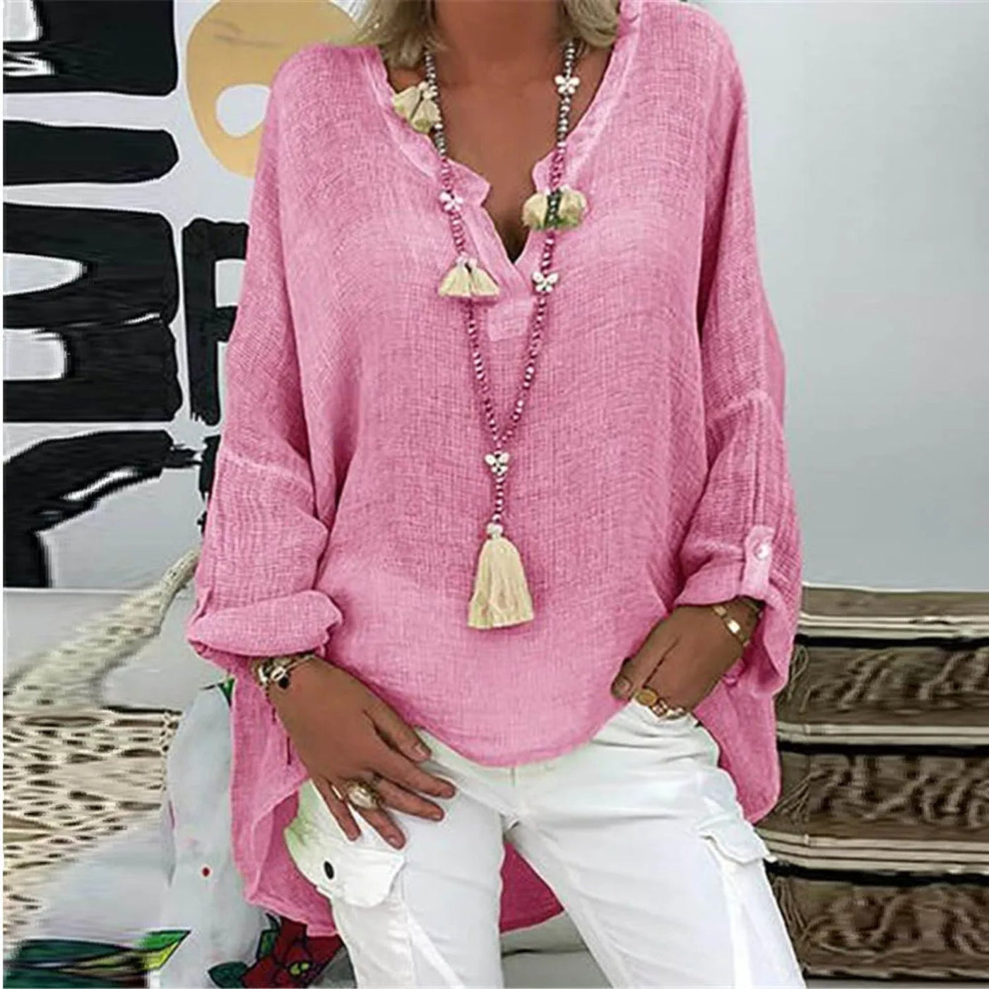 MODA roze katoenen linnen dames blouse met o-hals