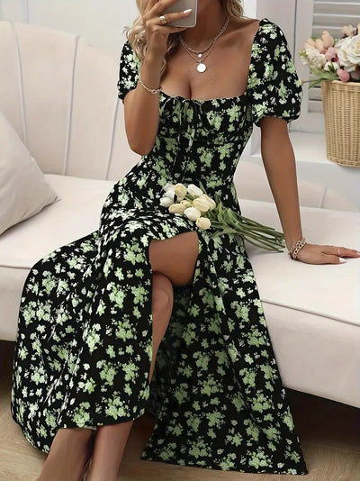 Ava – a-linien-kleid mit blumendruck und puffärmeln für frühling und sommer