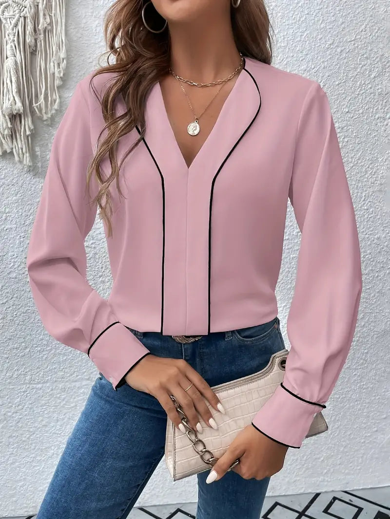 Exquisite Kontrastbluse mit V-Ausschnitt, zeitlos