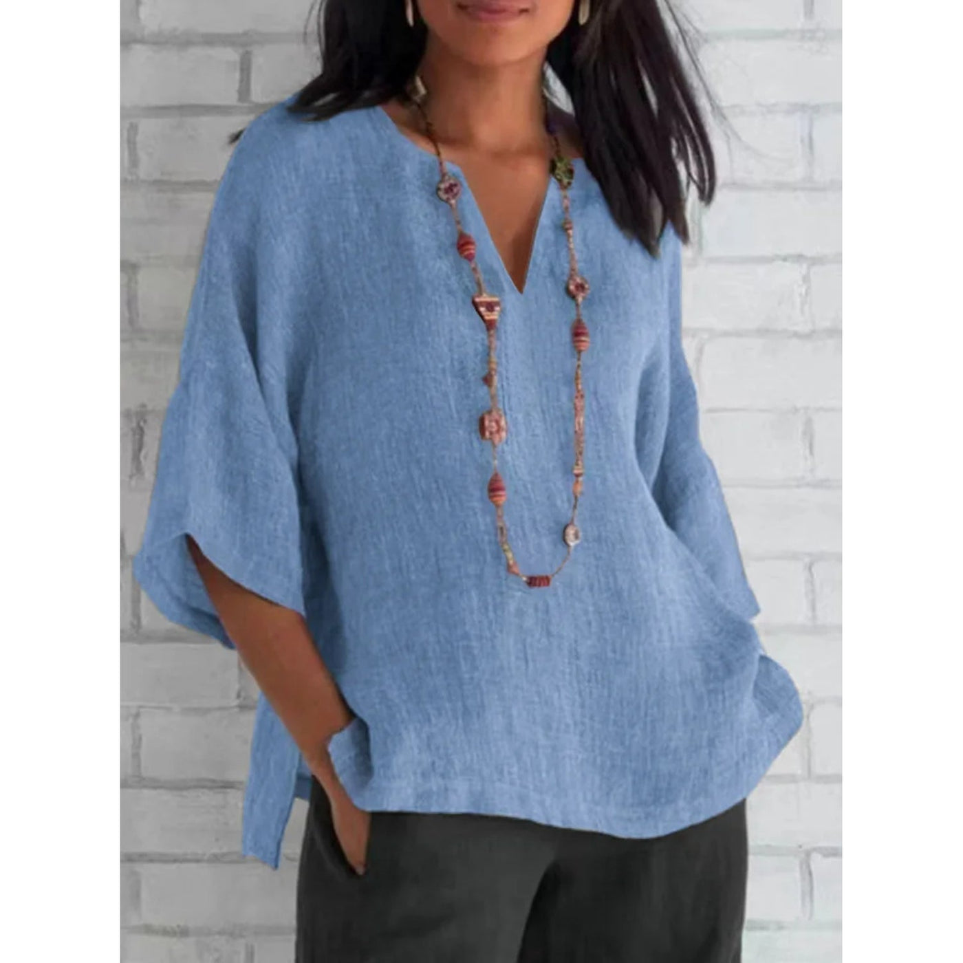 MODA blauwe katoenen linnen dames blouse met v-hals