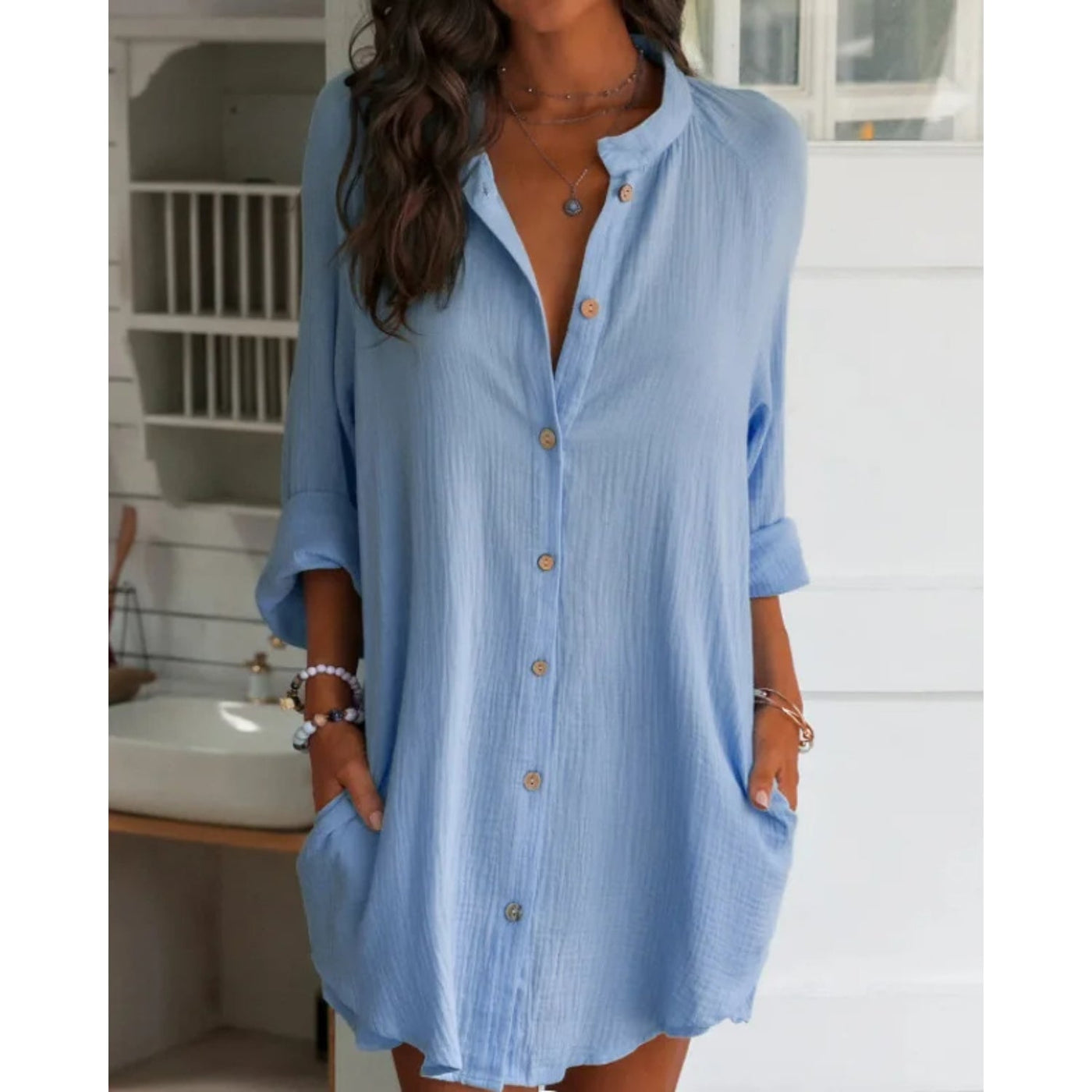 MODA blauw gevoerde staande kraag lange zomer blouse