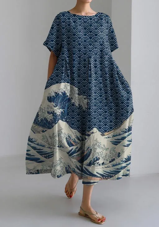 Tania – Lässiges, lockeres Marine-Kurzarmkleid im japanischen Stil