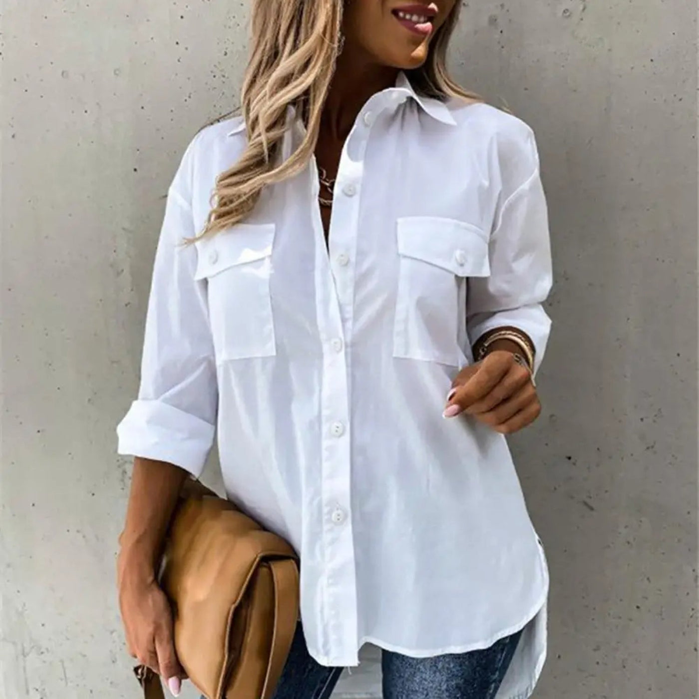 MODA zwarte ademende revers lange zomer blouse