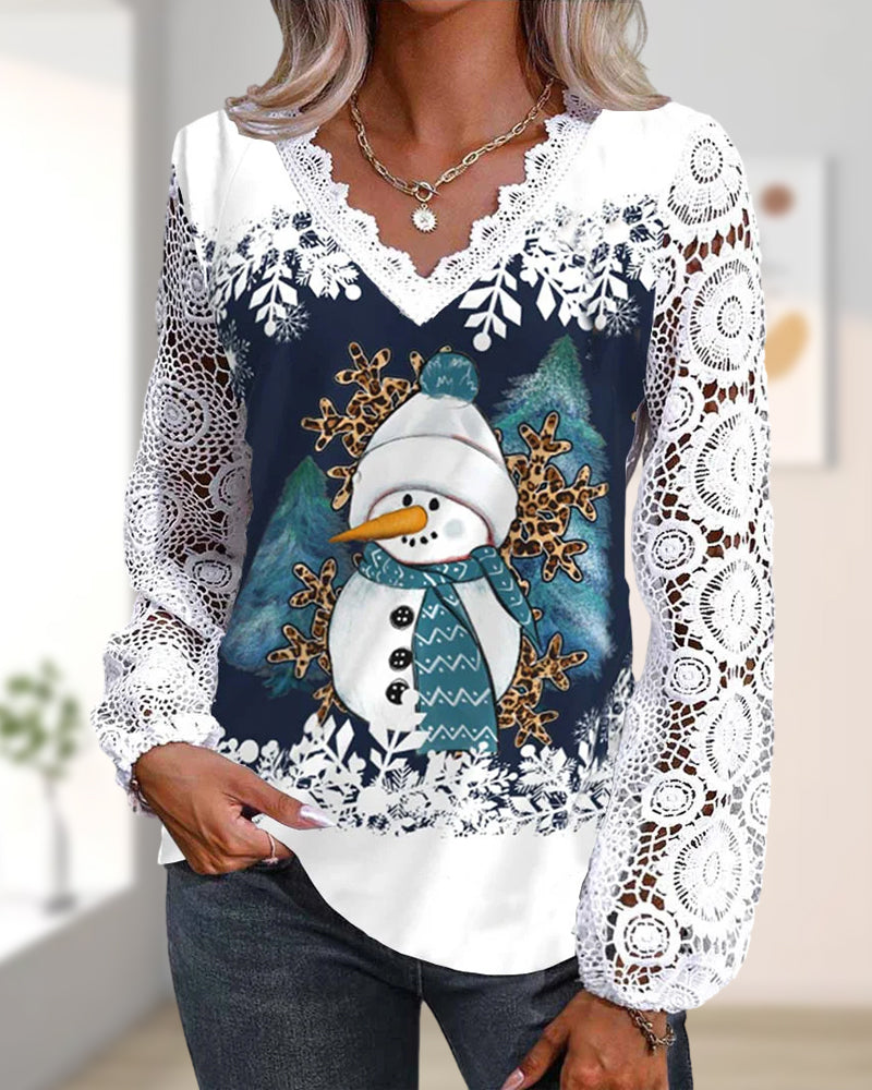 Bluse mit Spitzen- und Schneemannmuster