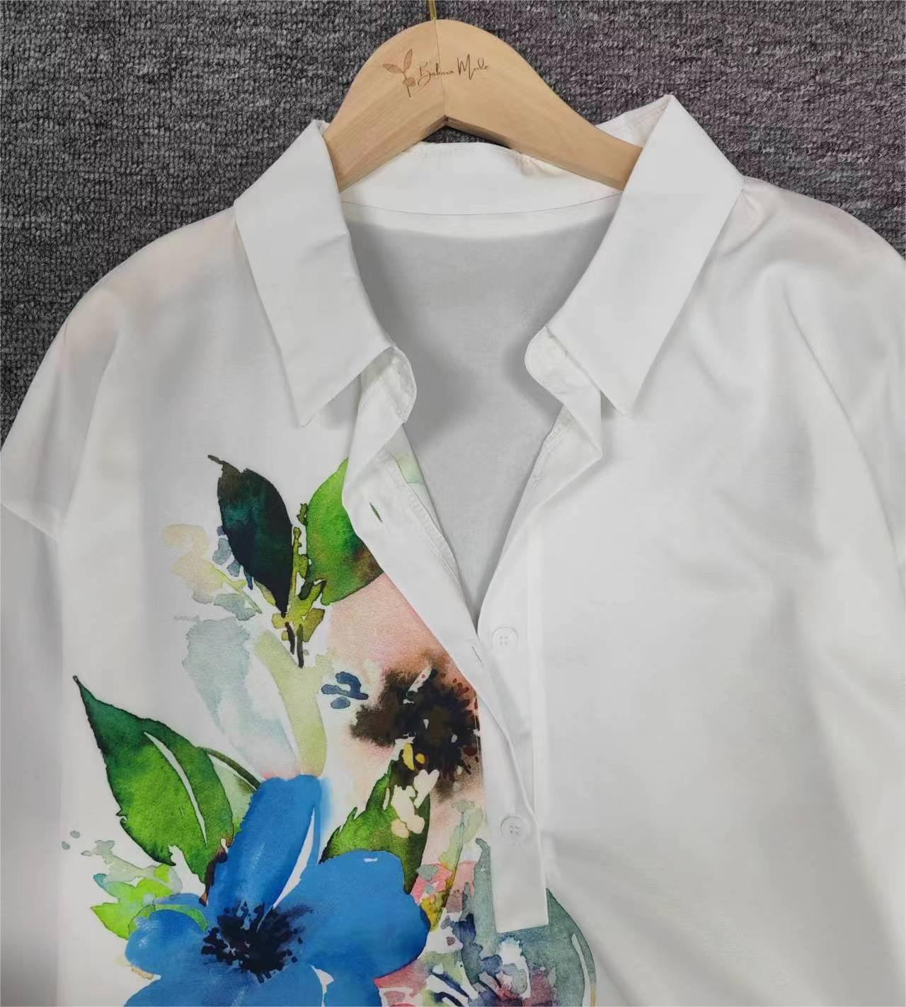 FallStil® - Aquarellblume Knopfleiste Tunika-Bluse