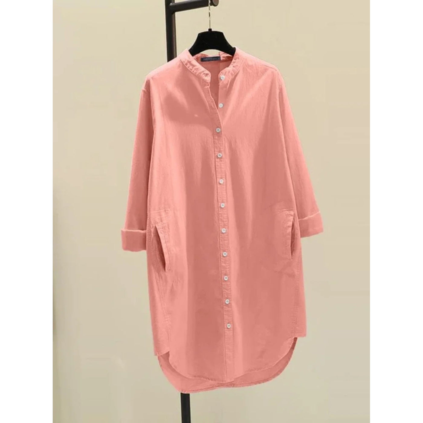 MODA roze opstaande kraag fleece zacht linnen dames blouse