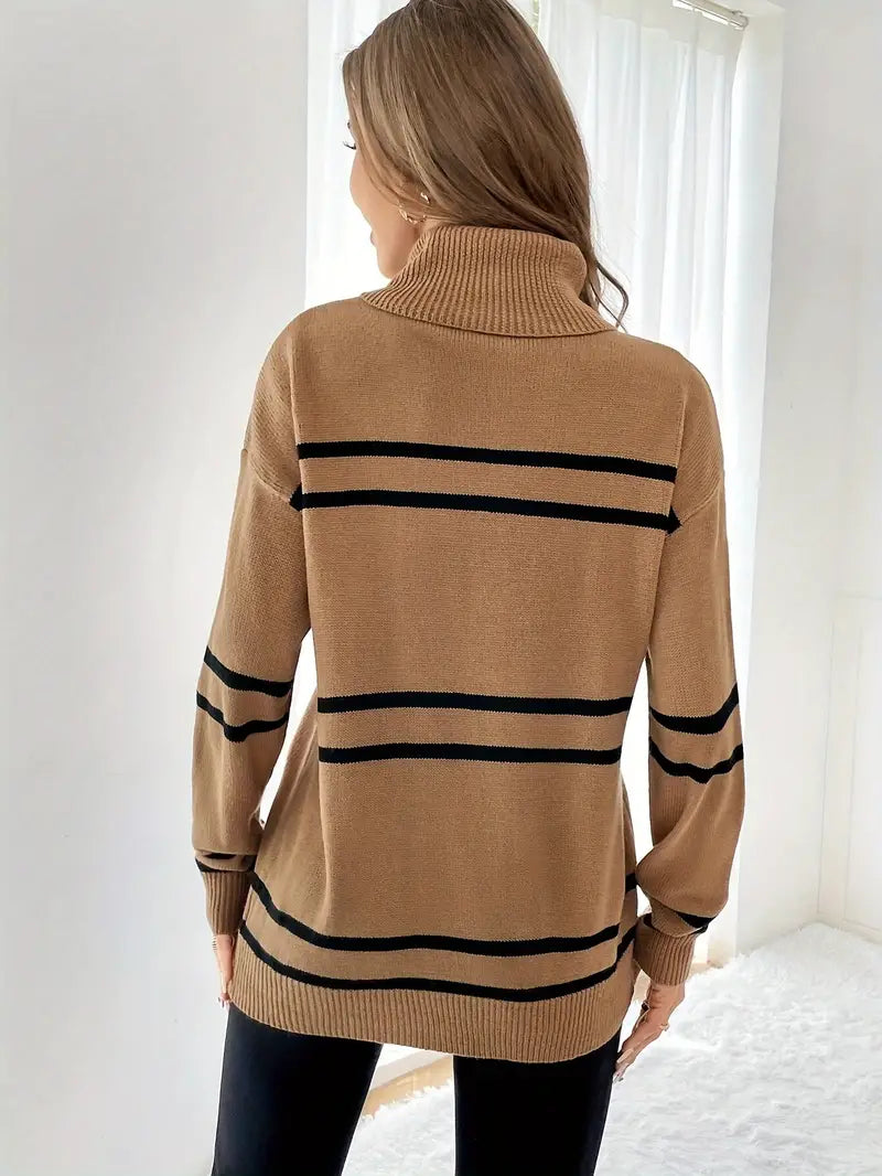 Rollkragenpullover mit Streifenmuster, lässiger Langarmpullover