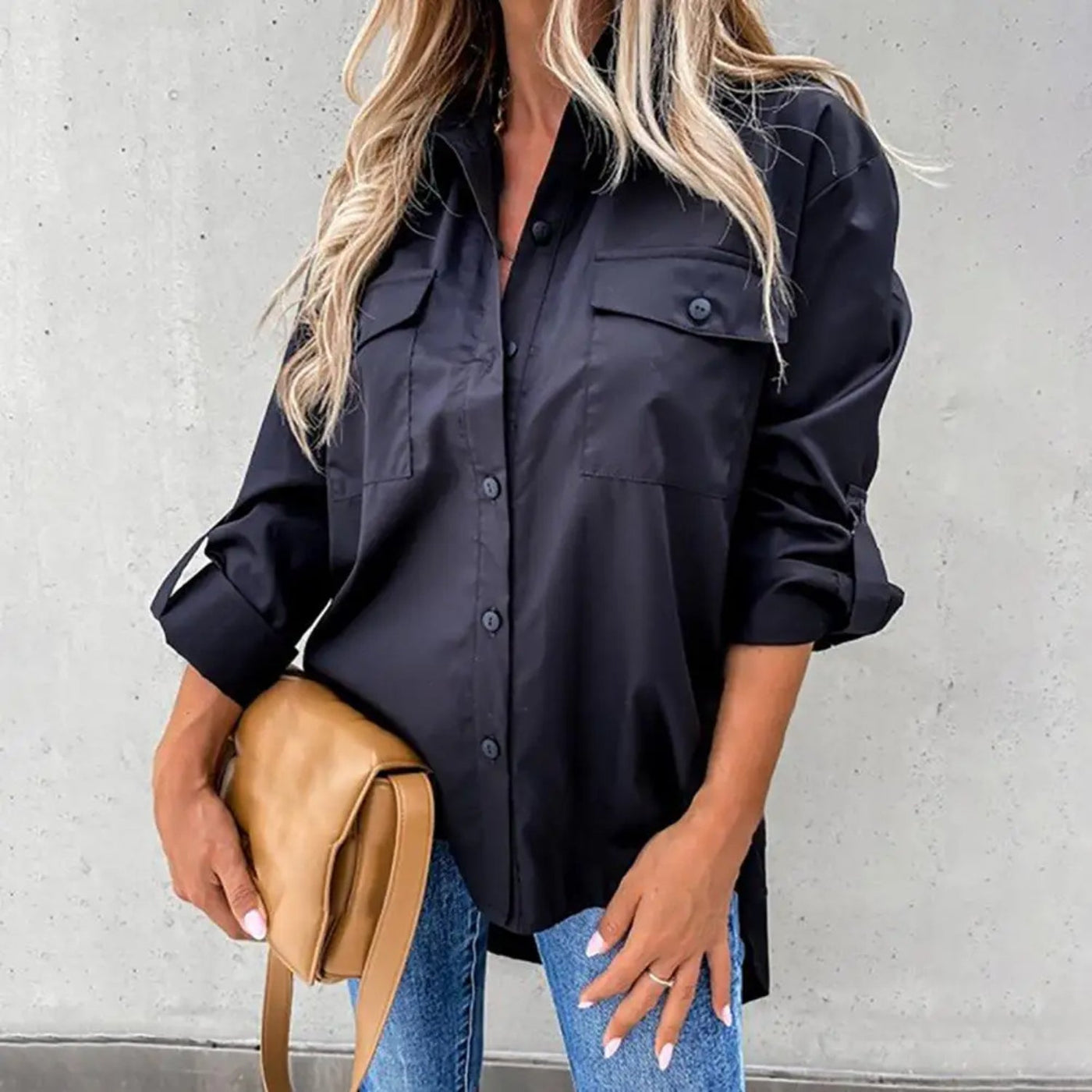 MODA zwarte ademende revers lange zomer blouse