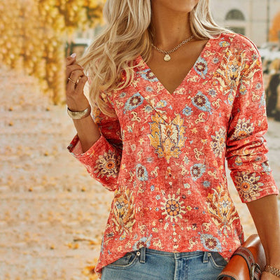 FallStil® - Boho Sommer Blume Rot V-Ausschnitt Top