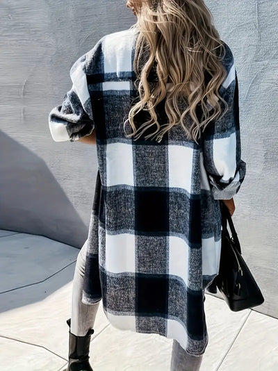 Plus Size Casual Mantel, Damen Plus Plaid Print Langarm Knopf oben Revers