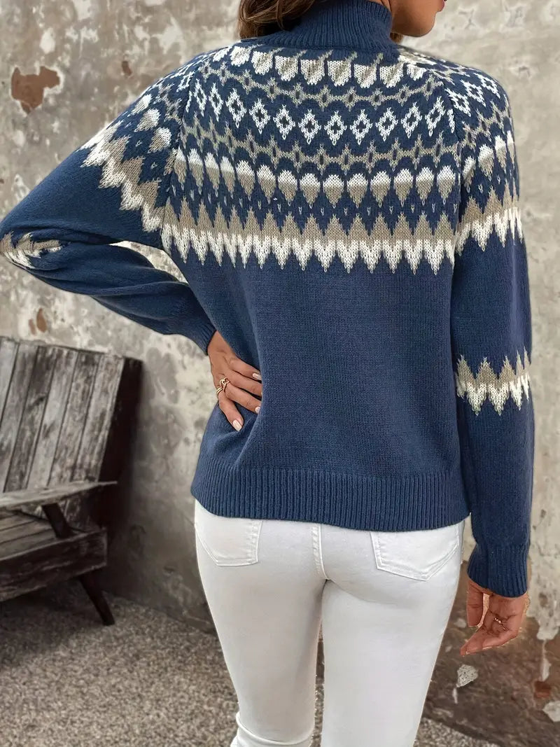 Rollkragenpullover mit Geomuster, lässiger Langarmpullover