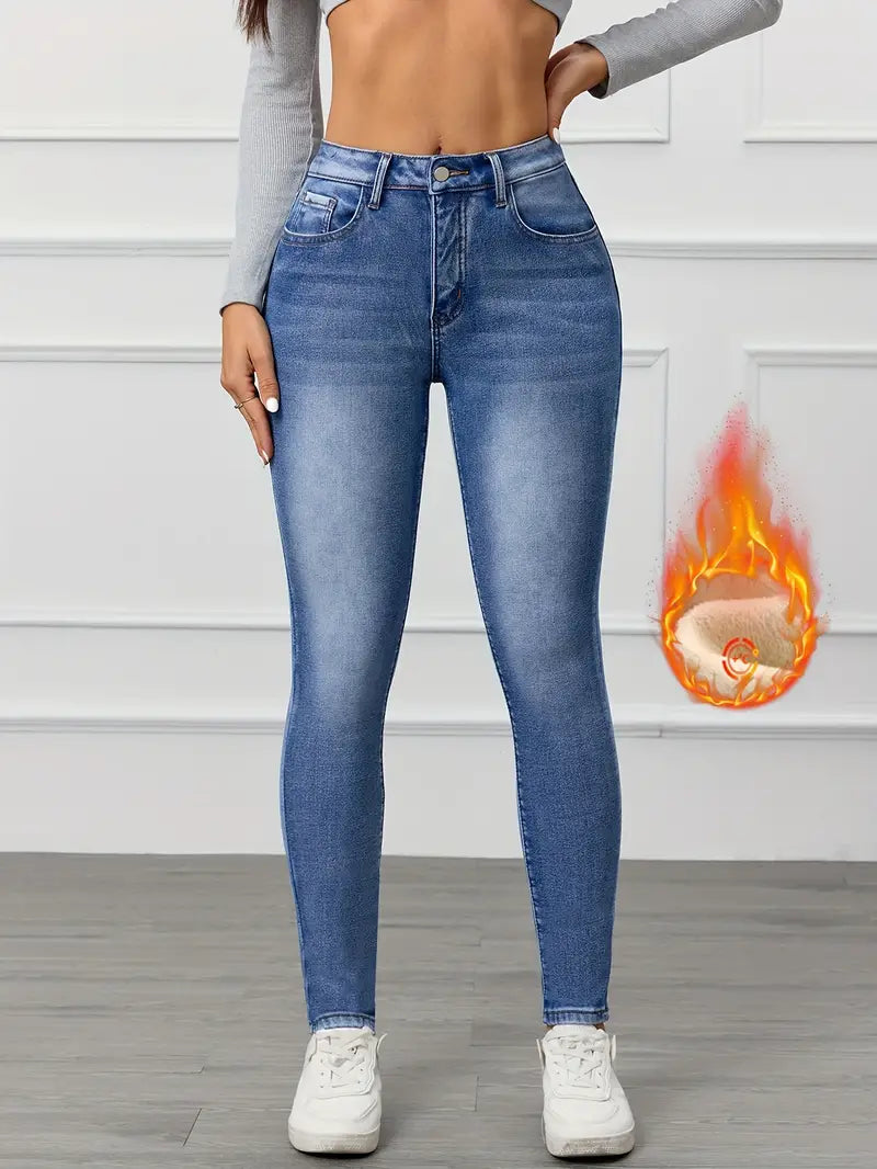 Hochtaillierte, mit Fleece gefütterte Skinny Jeans für Damen - Stretchy