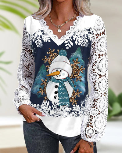 Bluse mit Spitzen- und Schneemannmuster