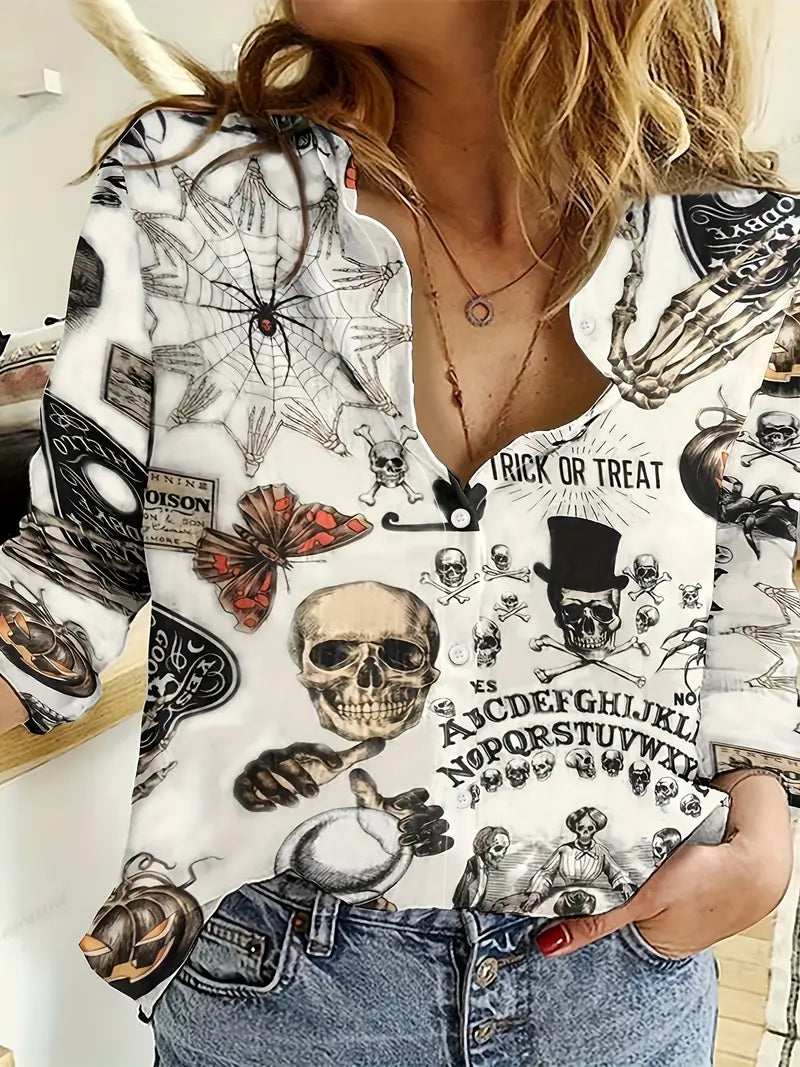 Edgy Gothic Hemd mit Totenkopf- und Schmetterlings-Print und Knopfleiste vorne