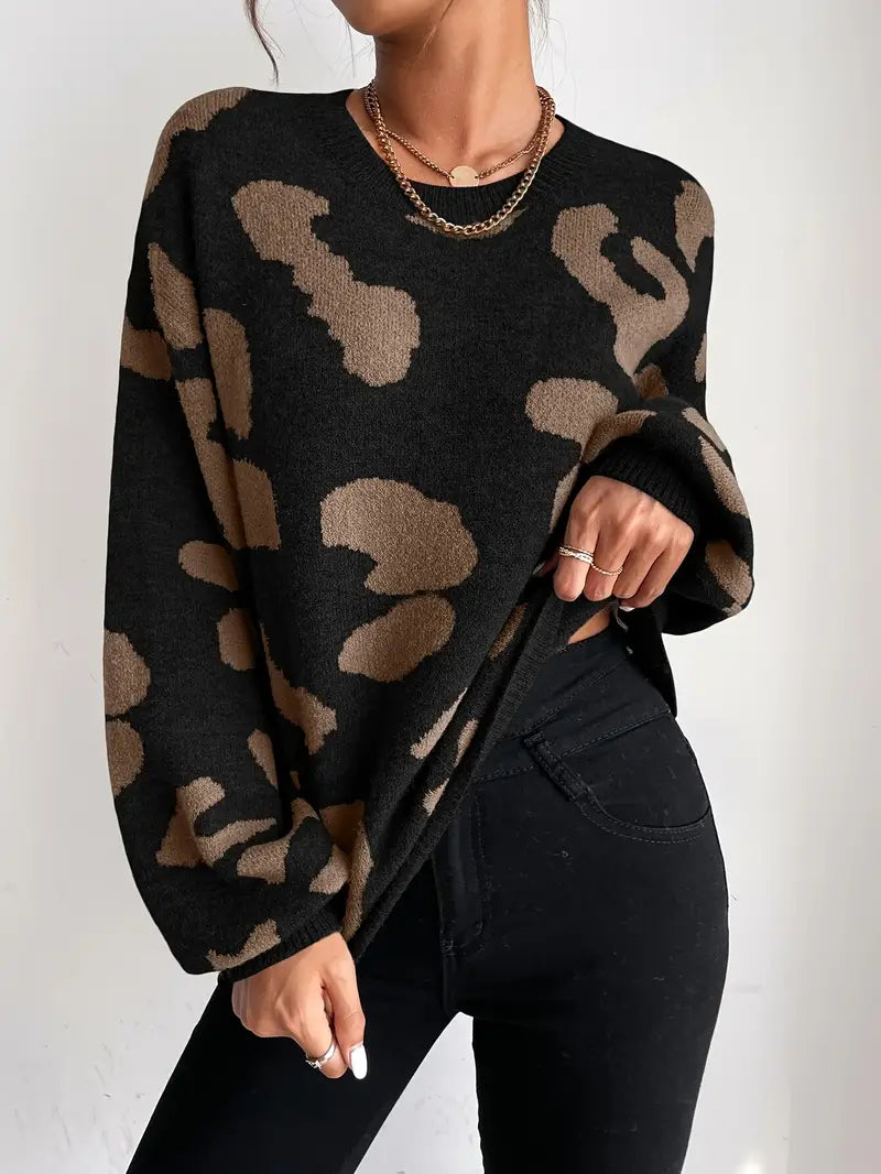 Eleganter Pullover mit Rundhalsausschnitt und Geparden-Print und fließenden Glockenärmeln