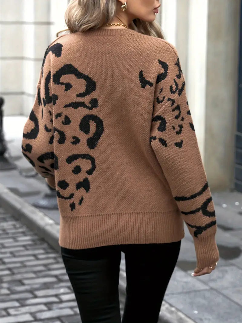 Wildheit und Eleganz Leopardenmuster Rundhalsausschnitt Pullover