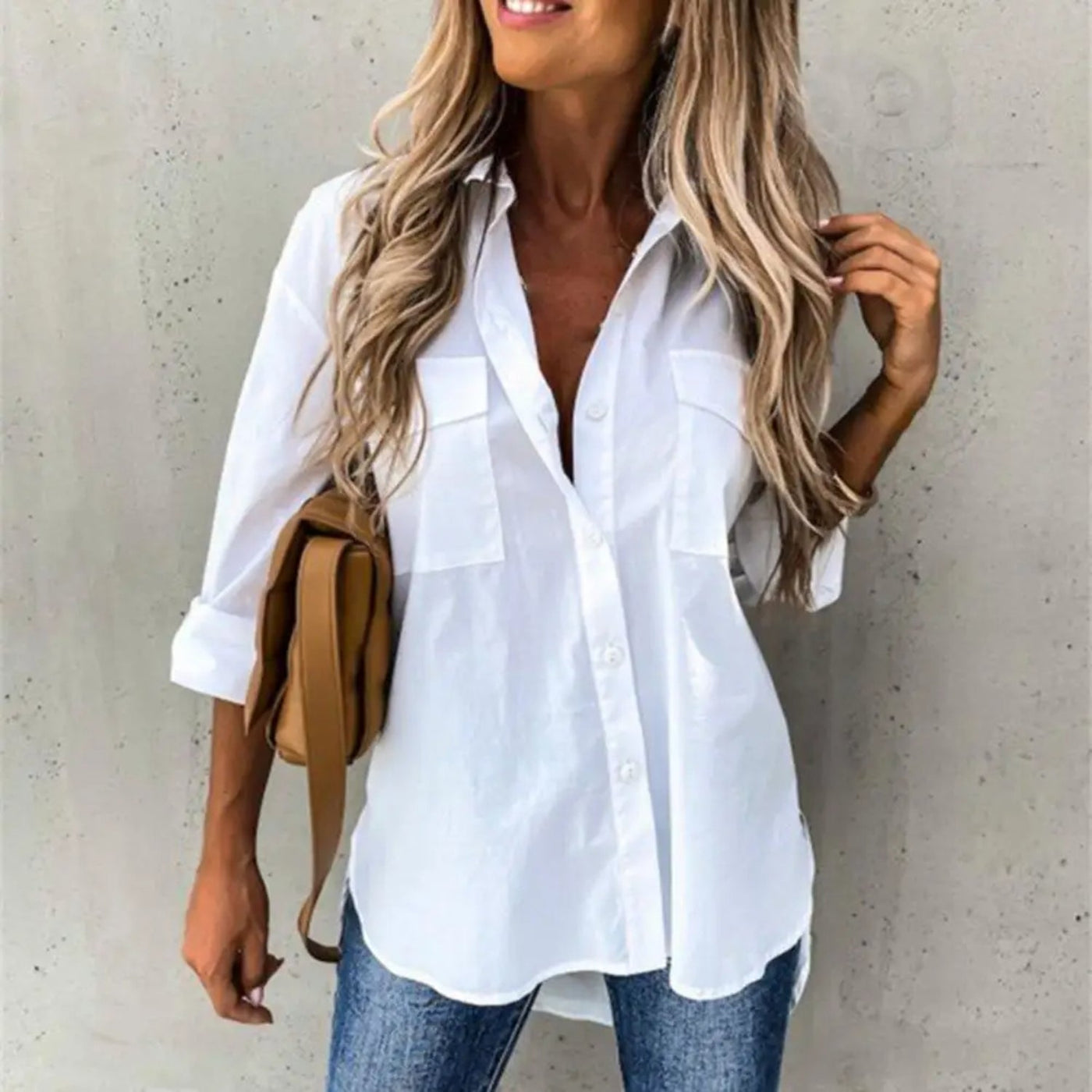 MODA zwarte ademende revers lange zomer blouse