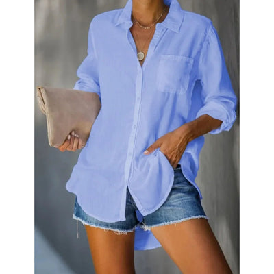 MODA blauwe eenvoudige lichtgewicht lange zomer blouse