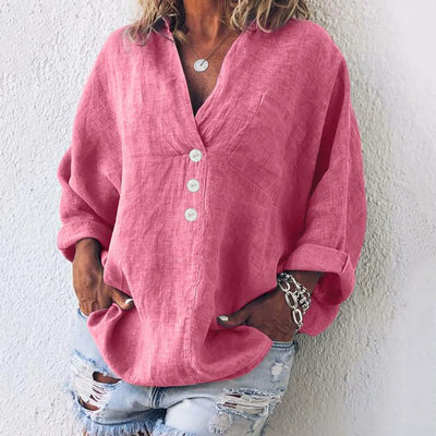 MODA roze v-hals knoop revers lange zomer blouse