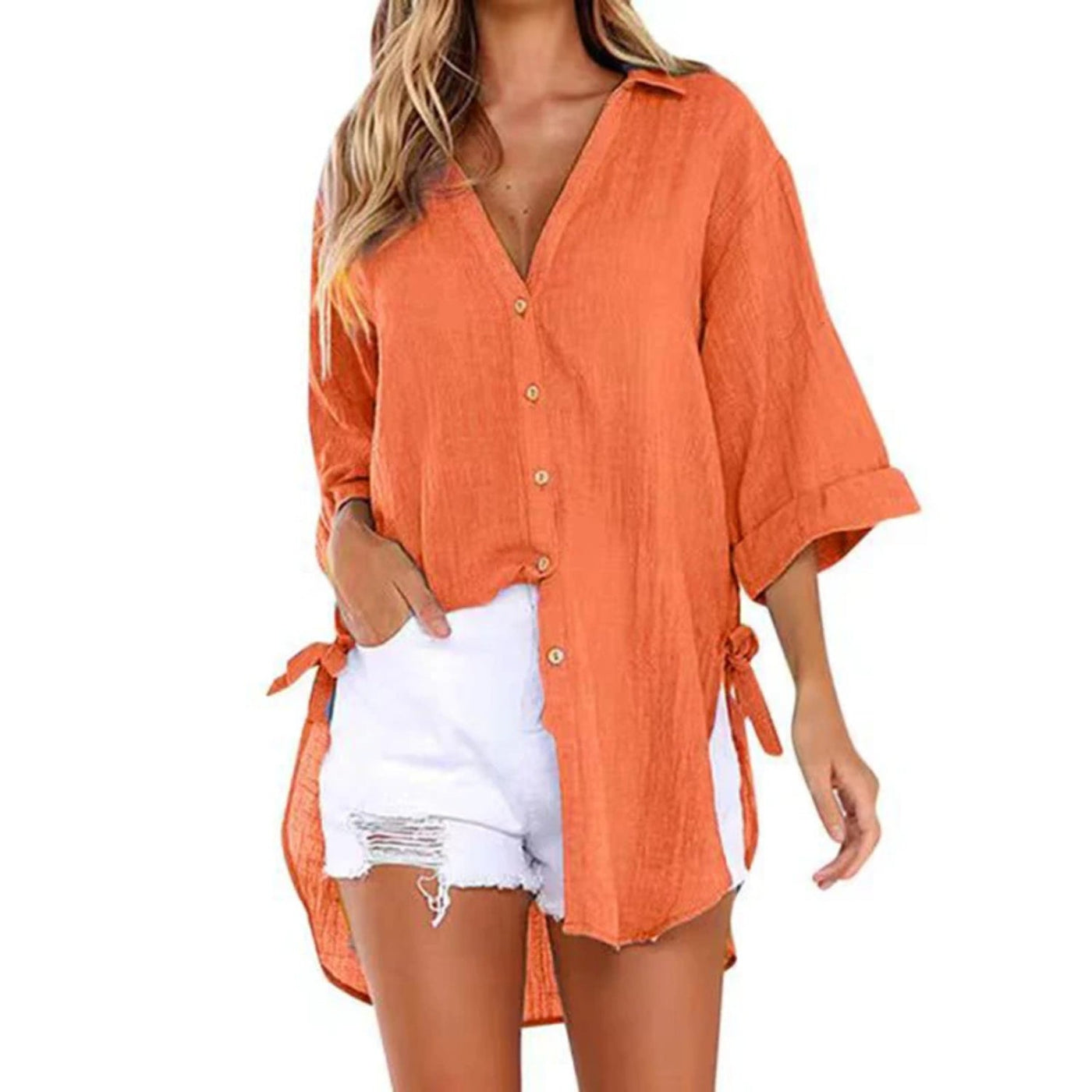 MODA gele eenvoudige gesp knoop lange zomer blouse