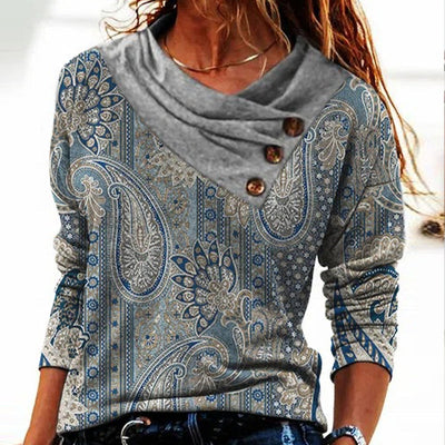 FallStil® - Blaues Paisley-Top mit grauem Umlegekragen und langen Ärmeln