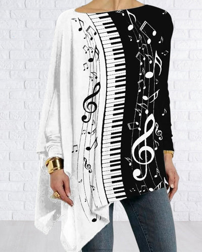 Unregelmäßiges Langarm-Top mit Piano-Print