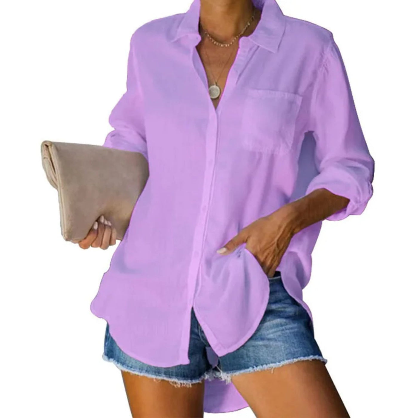 MODA blauwe eenvoudige lichtgewicht lange zomer blouse