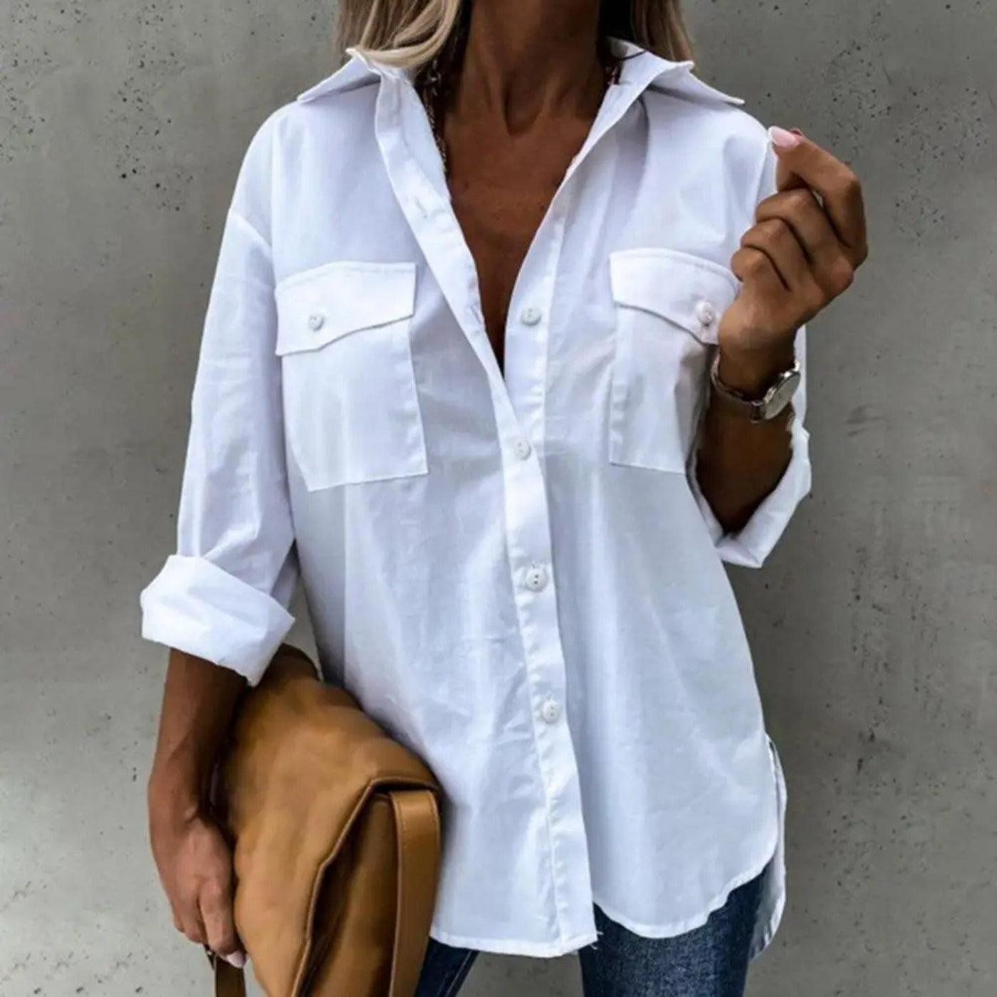 MODA zwarte ademende revers lange zomer blouse