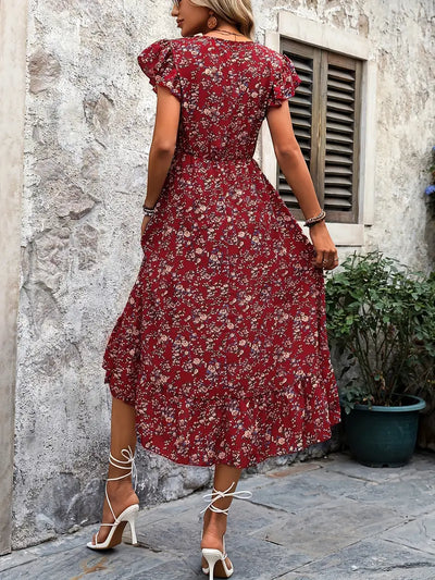 Lily – florales kleid mit v-ausschnitt und eleganten rüschenärmeln