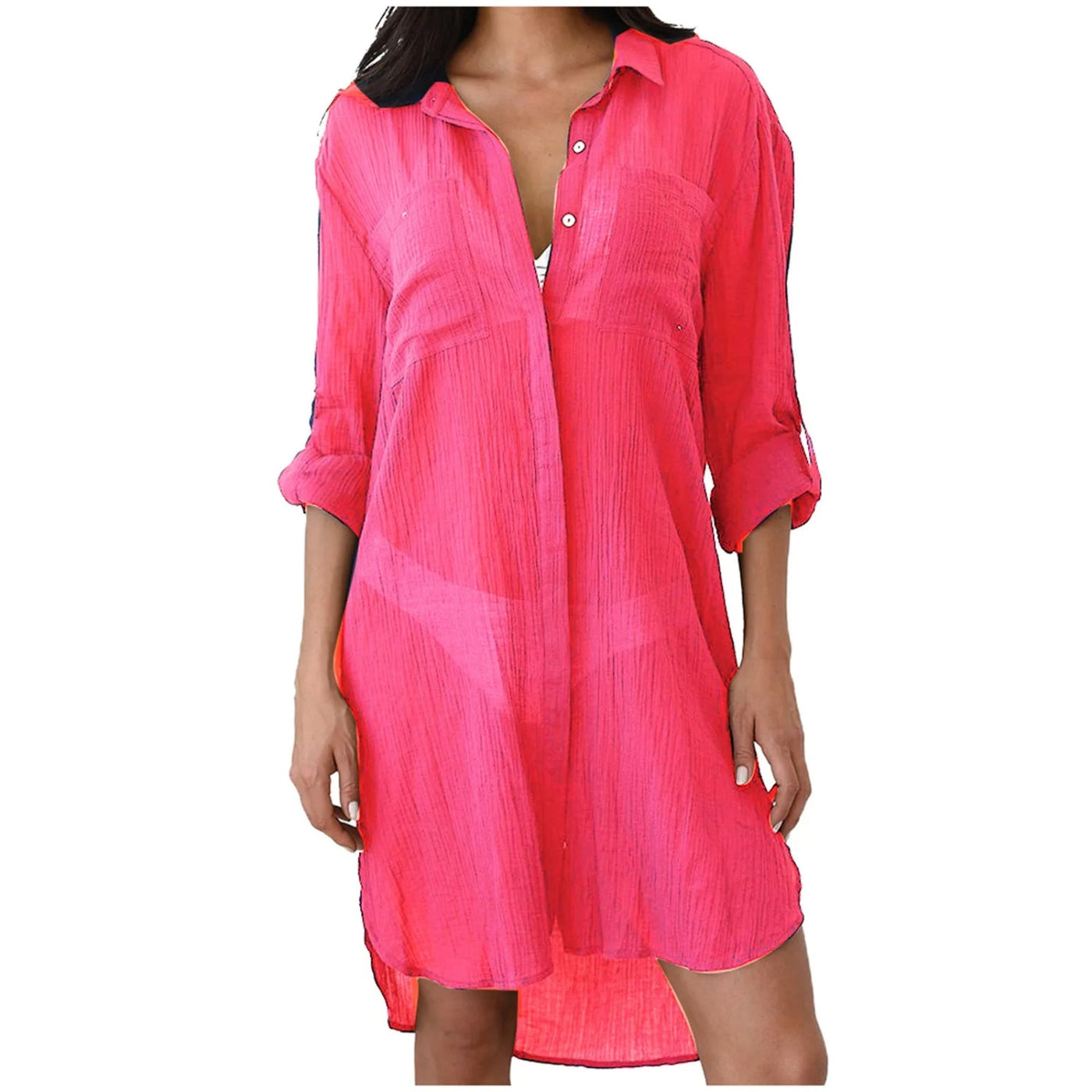 MODA roze comfortabele lange zomer blouse met opstaande kraag