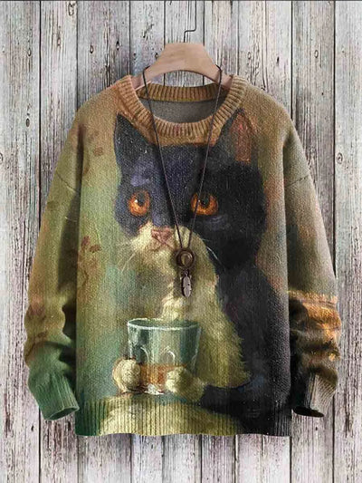 Evie - Kuscheliger Damenpullover mit Katzen- und Kaffeedruck