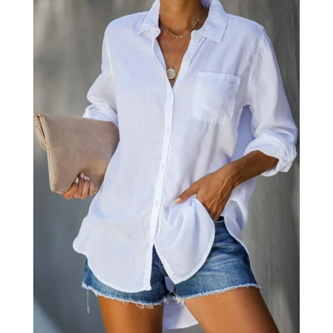 MODA blauwe eenvoudige lichtgewicht lange zomer blouse