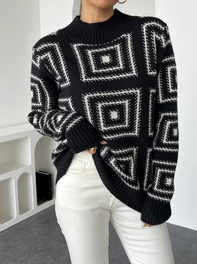 Moderner Pullover mit geometrischem Muster und Rundhalsausschnitt