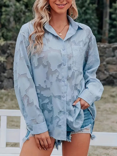 Elegant Sheer Jacquard Button-Up Blouse