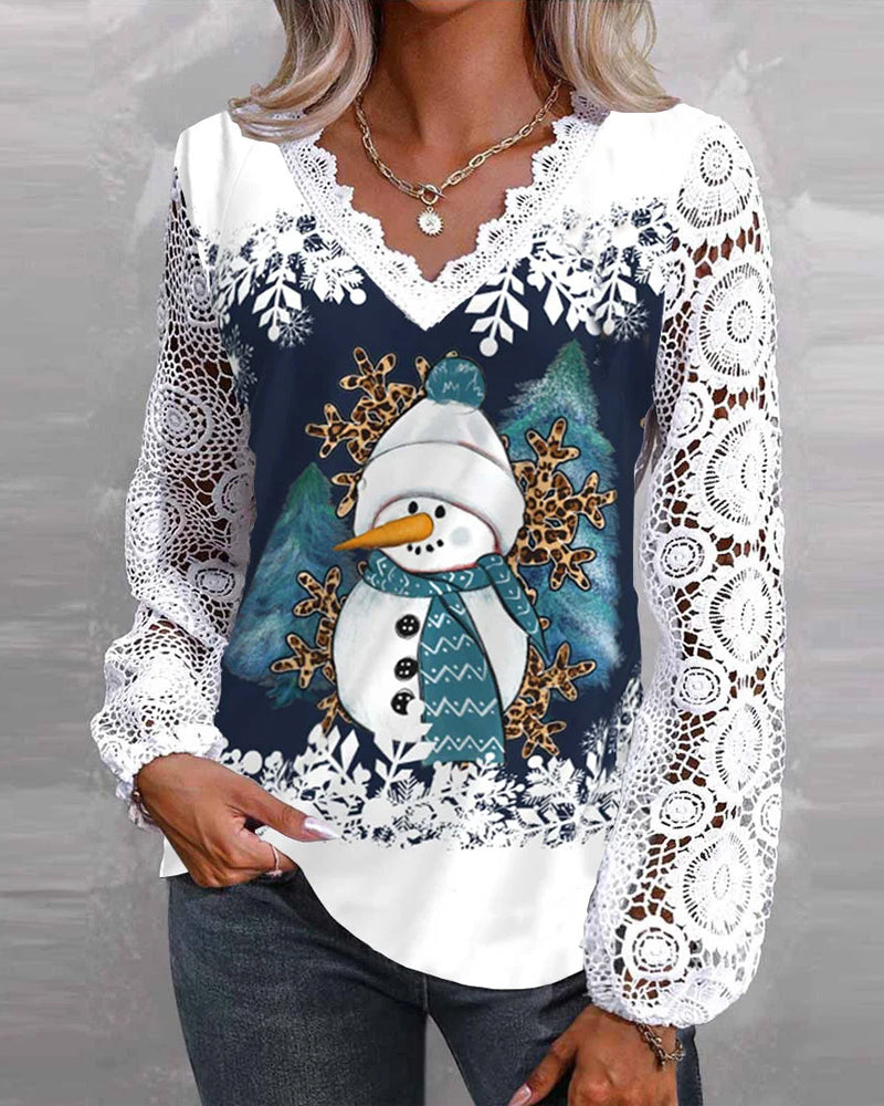 Bluse mit Spitzen- und Schneemannmuster