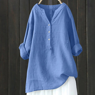 MODA blauwe eenvoudige knoop linnen dames blouse