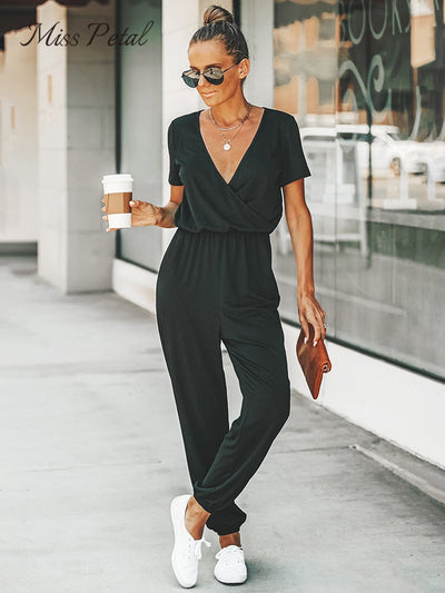 MISS PETAL V-Ausschnitt Jumpsuit | Damen Sommer Overall mit kurzen Ärmeln