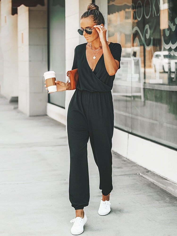 MISS PETAL V-Ausschnitt Jumpsuit | Damen Sommer Overall mit kurzen Ärmeln