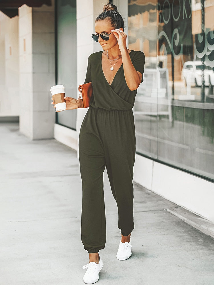 MISS PETAL V-Ausschnitt Jumpsuit | Damen Sommer Overall mit kurzen Ärmeln