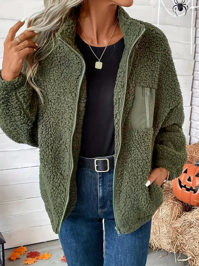 Reißverschluss vorne Drop Shoulder Teddy Jacke, lässig solide Farbe lange Ärmel