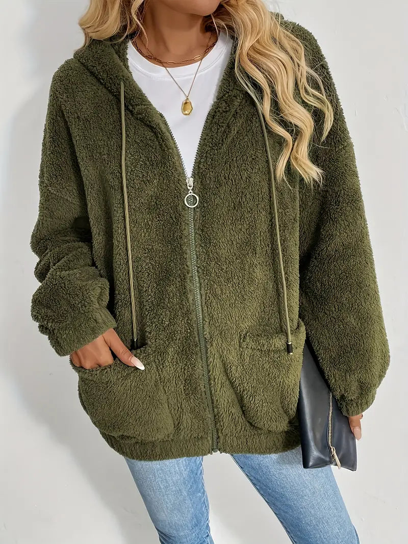 Elegante olivgrüne Fleecejacke mit Kapuze für Frauen