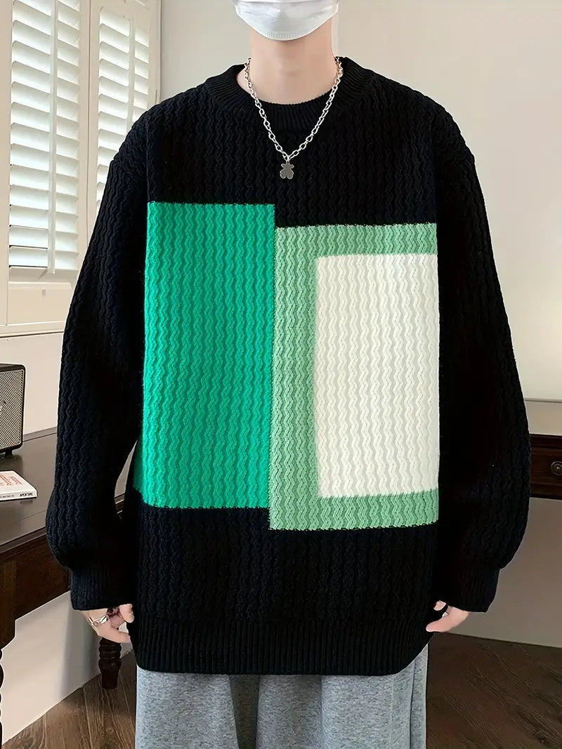 Geometrischer Grafikdruck, gestrickter Pullover für Männer, Farbe Block