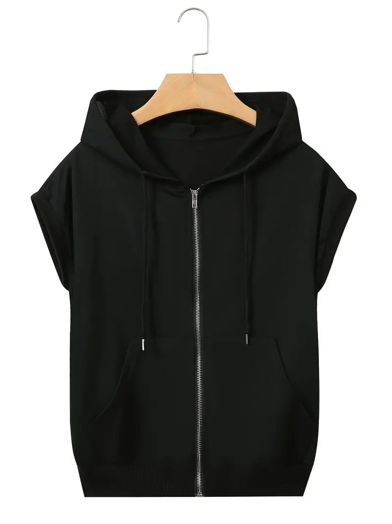 Ärmelloser Kapuzenpulli mit Tasche, lässig Zip Up Solid Color Drawstring Hooded Jacket