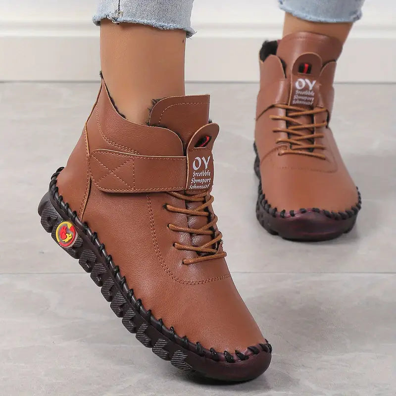 Kurze Damenstiefel mit hohem Schaft, lässige Schnürstiefel aus Plüsch