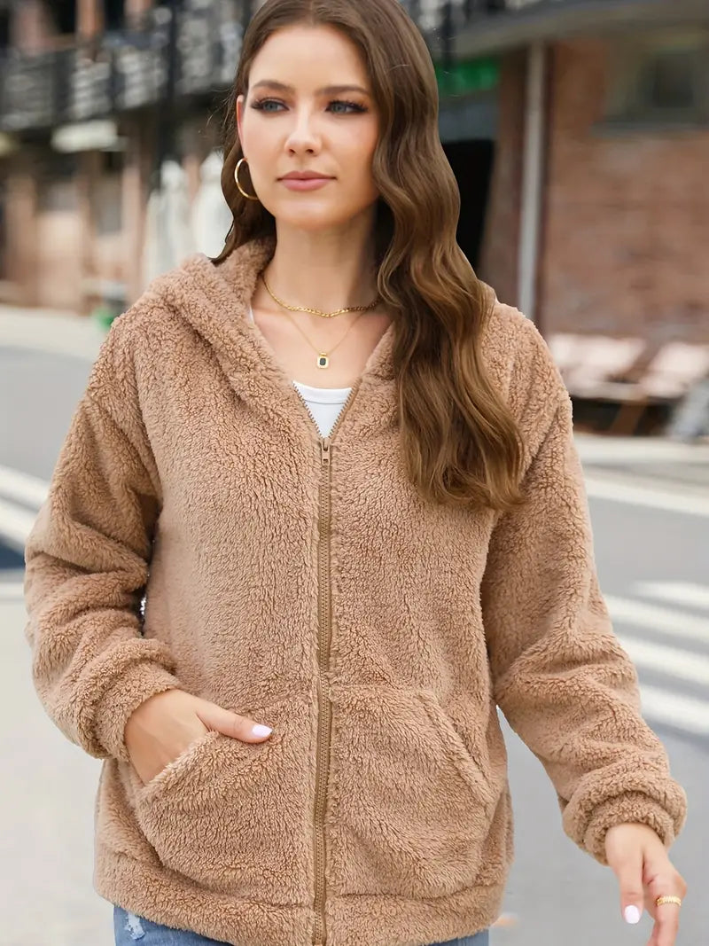 Warme Fleece-Jacke für Frauen, Kapuzen-Winterjacke mit Reißverschluss