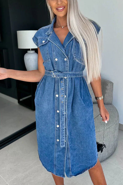 Daniela - Zweireihiges, trägerloses Denim-Kleid mit Umschlagärmeln