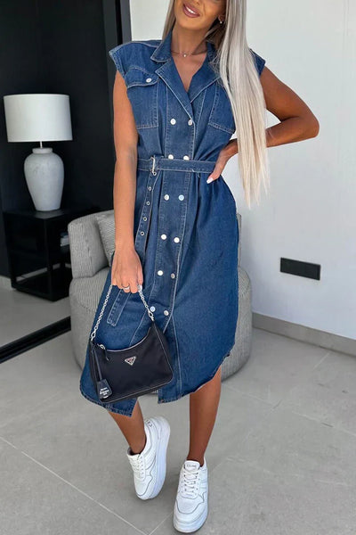 Daniela - Zweireihiges, trägerloses Denim-Kleid mit Umschlagärmeln