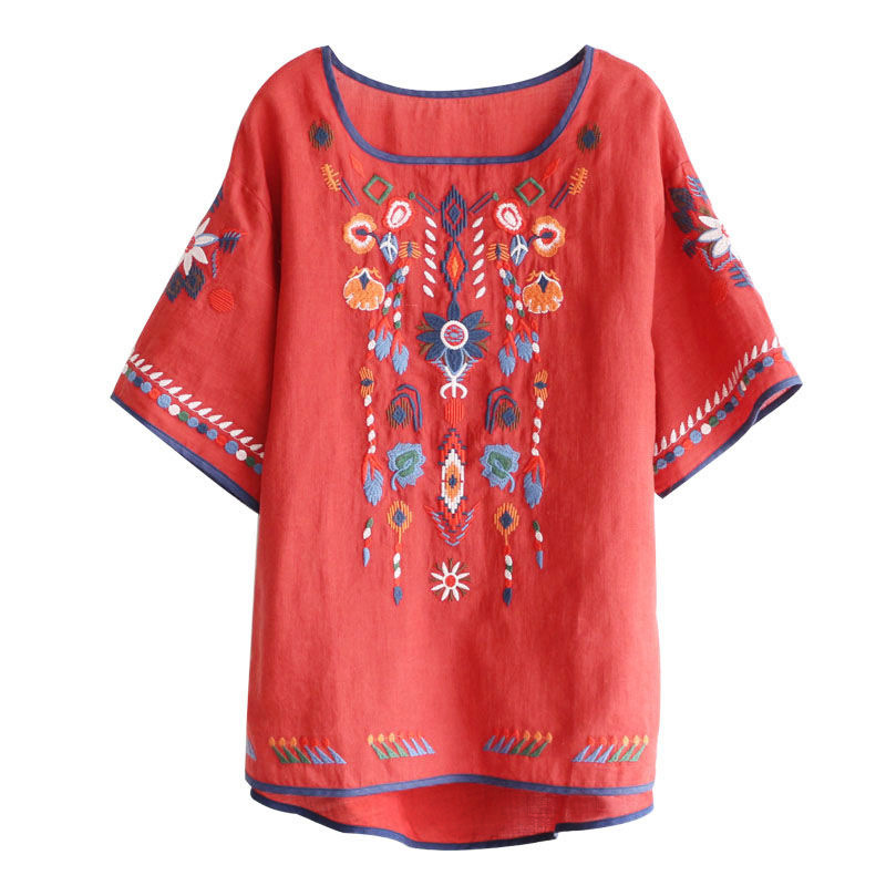 Luisa - Rotes Tunika-Shirt mit Ethno-Stickerei